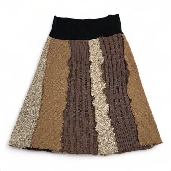 Brown Patchwork A-Line Sweater Handmade Skirt Size Medium - Picture 3 of 14